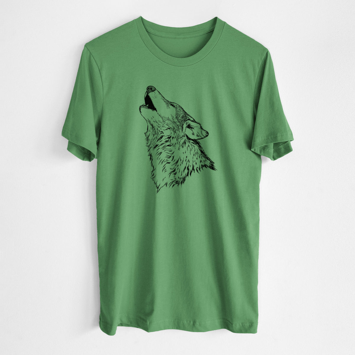 Leaf green lightweight cotton t-shirt laid flat, printed with a detailed black ink illustration of a grey wolf's head and shoulders, howling upward.