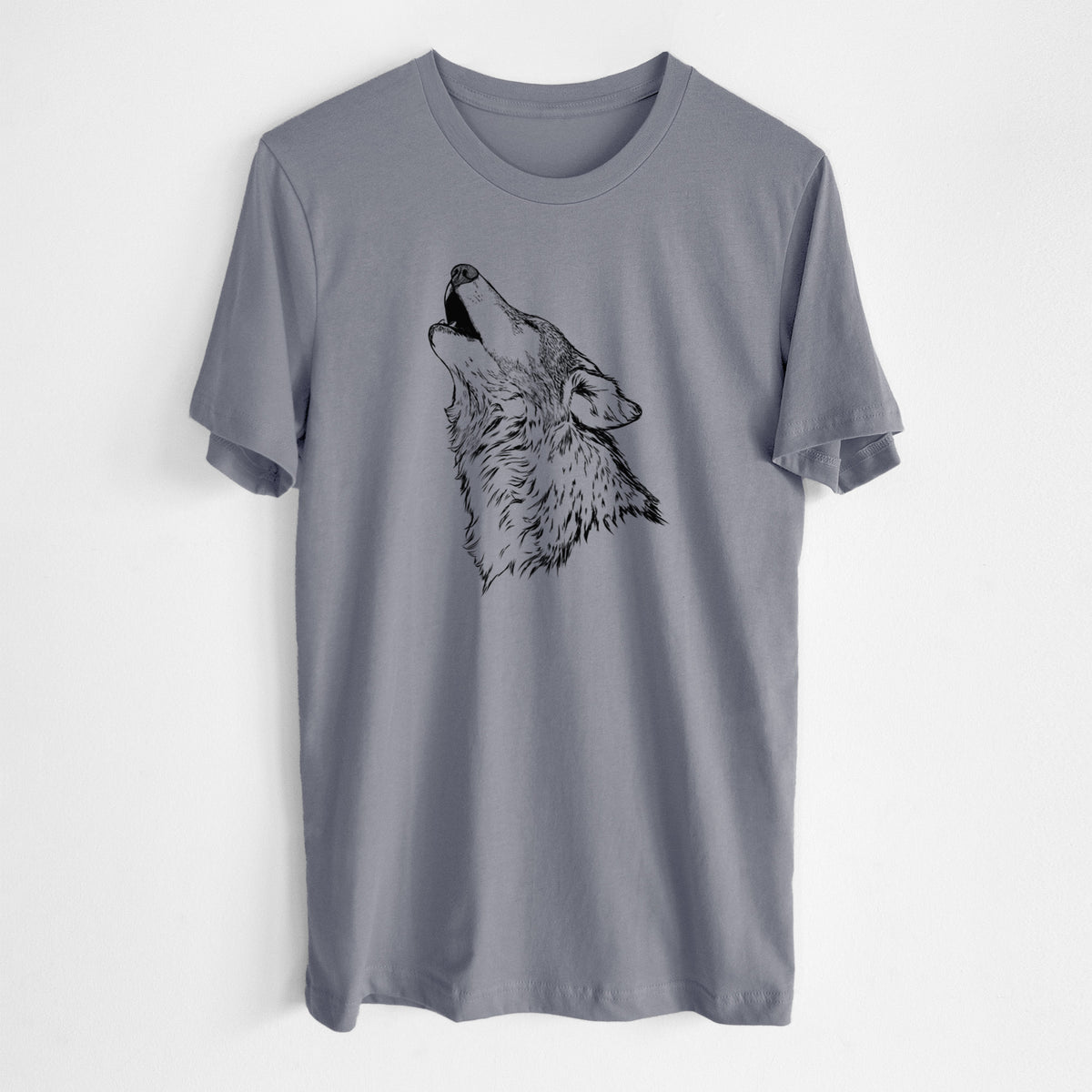 Storm grey lightweight cotton t-shirt laid flat, printed with a detailed black ink illustration of a grey wolf's head and shoulders, howling upward.