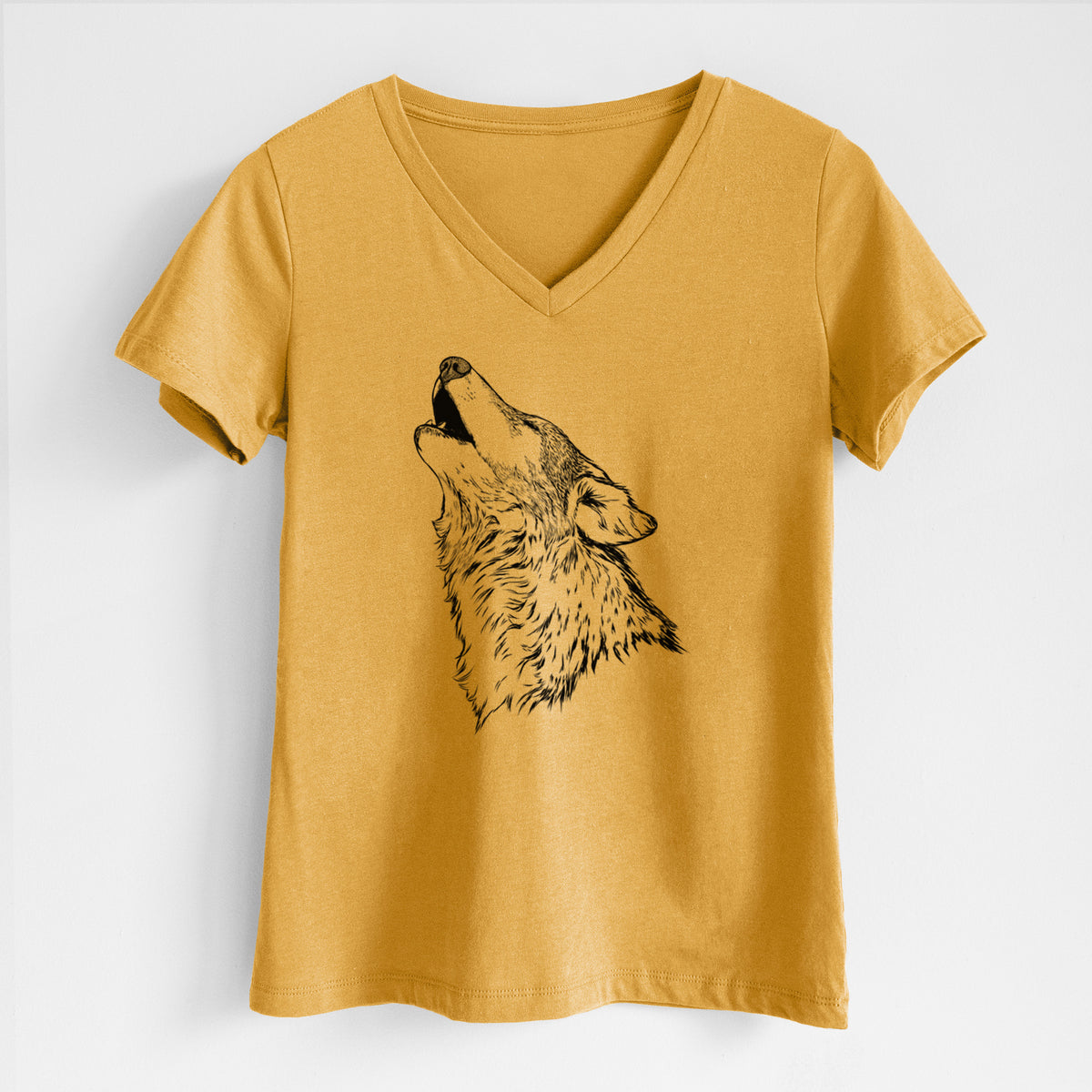 Honeycomb yellow women's relaxed fit cotton V-neck t-shirt laid flat, printed with a detailed black ink illustration of a grey wolf's head and shoulders, howling upward.