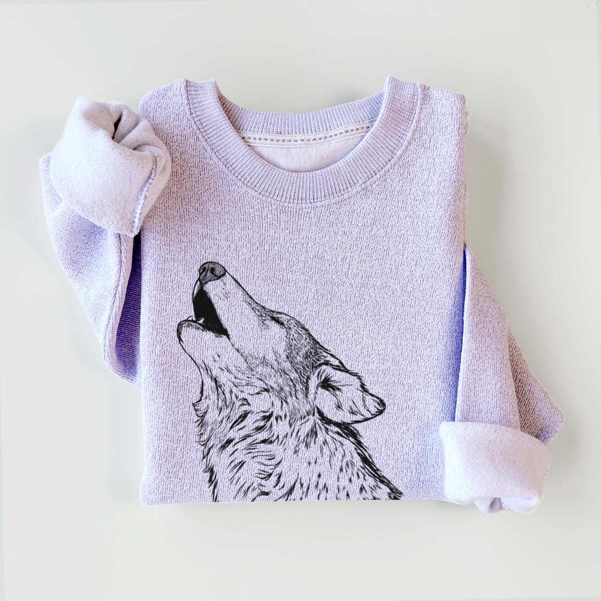 Ice purple knit sweatshirt printed with a detailed black ink illustration of a grey wolf's head and shoulders, howling upward, styled flat.