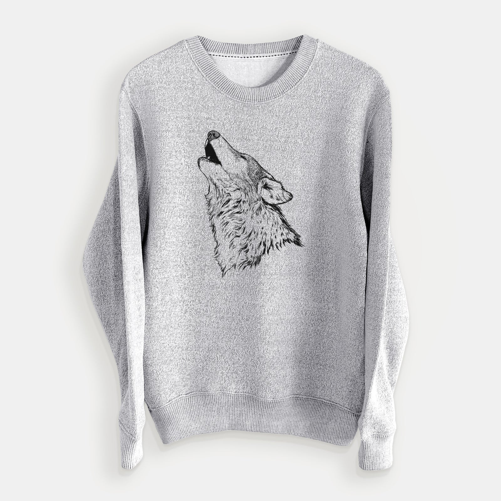 Salt and pepper knit sweatshirt laid flat, printed with a detailed black ink illustration of a grey wolf's head and shoulders, howling upward.