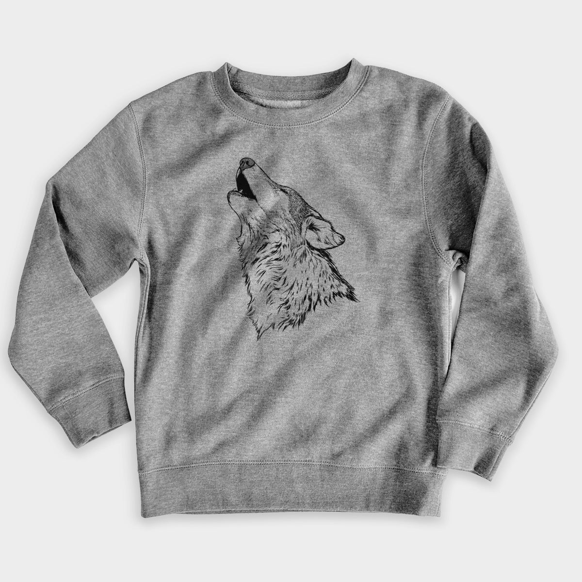 Nickel grey youth crewneck sweatshirt laid flat, printed with a detailed black ink illustration of a grey wolf's head and shoulders, howling upward.
