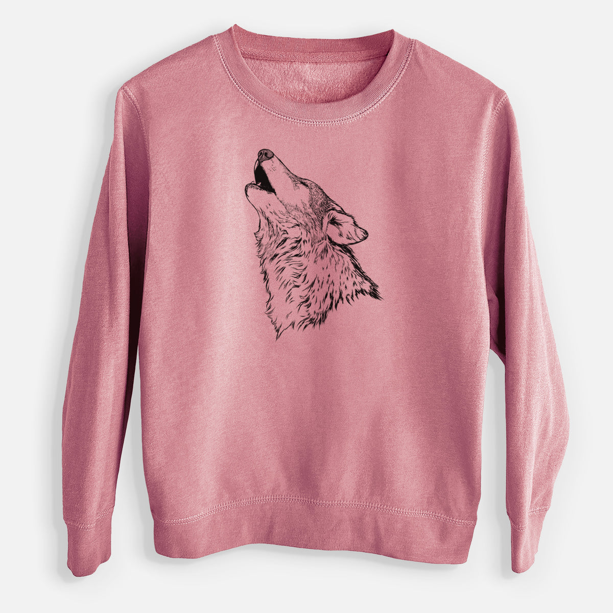 Mauve pink youth crewneck sweatshirt laid flat, printed with a detailed black ink illustration of a grey wolf's head and shoulders, howling upward.