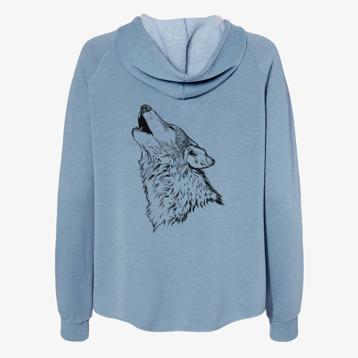 Misty blue women's Cali Wave zip-up sweatshirt laid flat, printed with a detailed black ink illustration of a grey wolf's head and shoulders, howling upward.