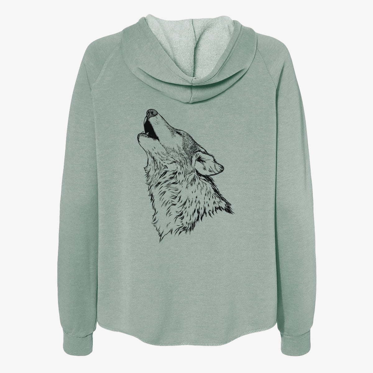 Sage green women's Cali Wave zip-up sweatshirt laid flat, printed with a detailed black ink illustration of a grey wolf's head and shoulders, howling upward.
