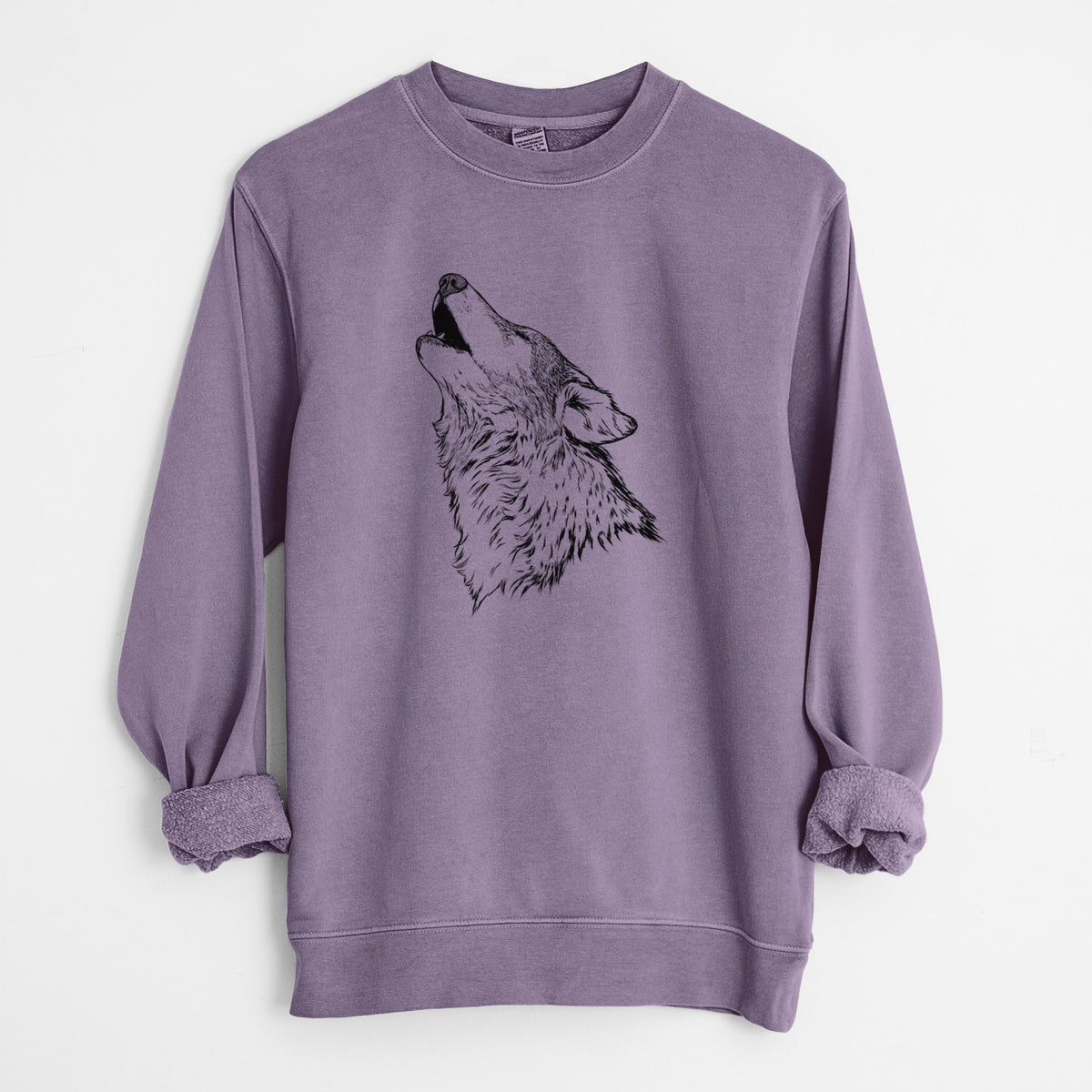 Plum purple pigment dyed crewneck sweatshirt laid flat with the sleeves rolled, printed with a detailed black ink illustration of a grey wolf's head and shoulders, howling upward.