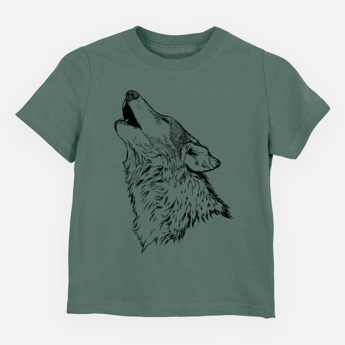 Basil green toddler t-shirt laid flat, printed with a detailed black ink illustration of a grey wolf's head and shoulders, howling upward.