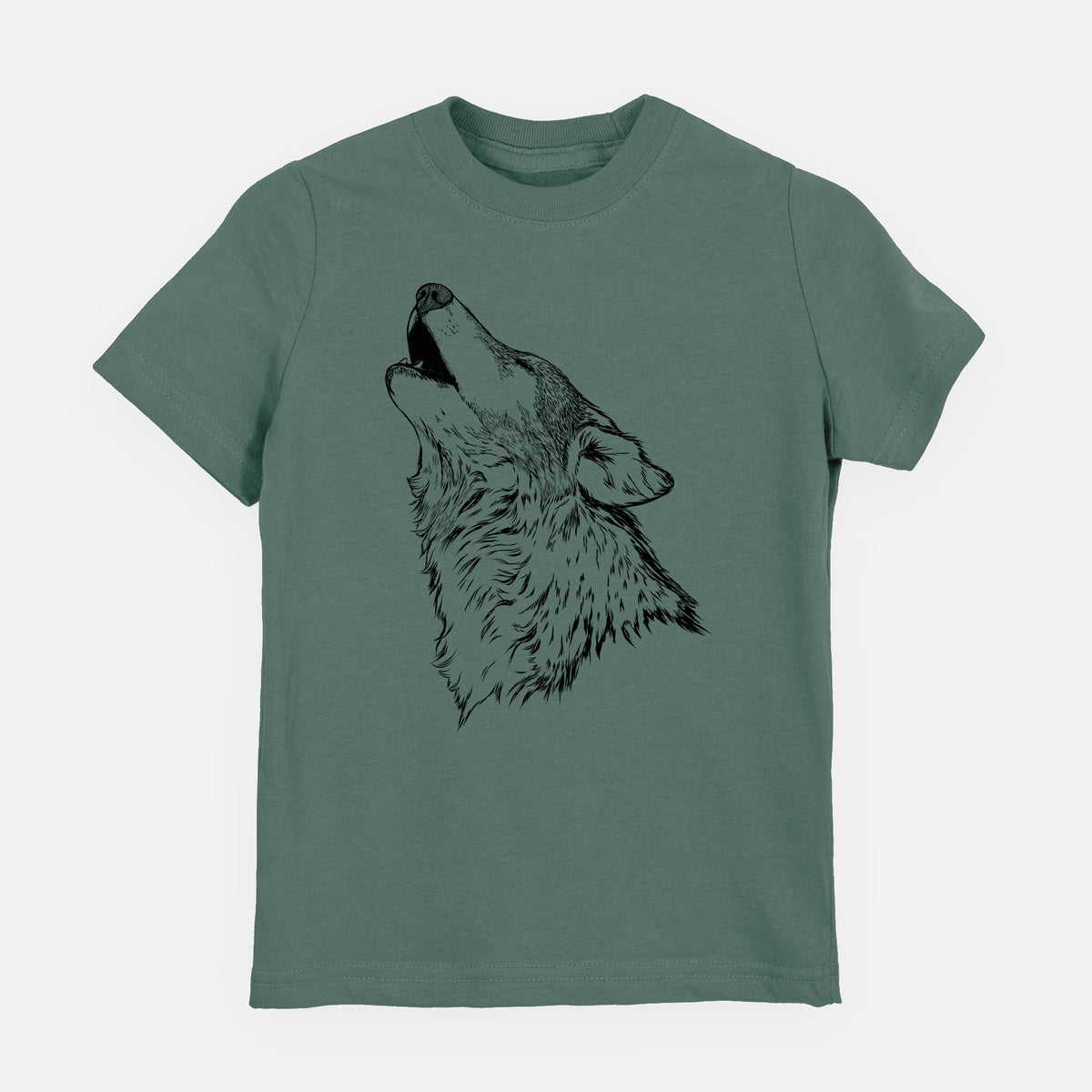 Basil green youth t-shirt laid flat, printed with a detailed black ink illustration of a grey wolf's head and shoulders, howling upward.