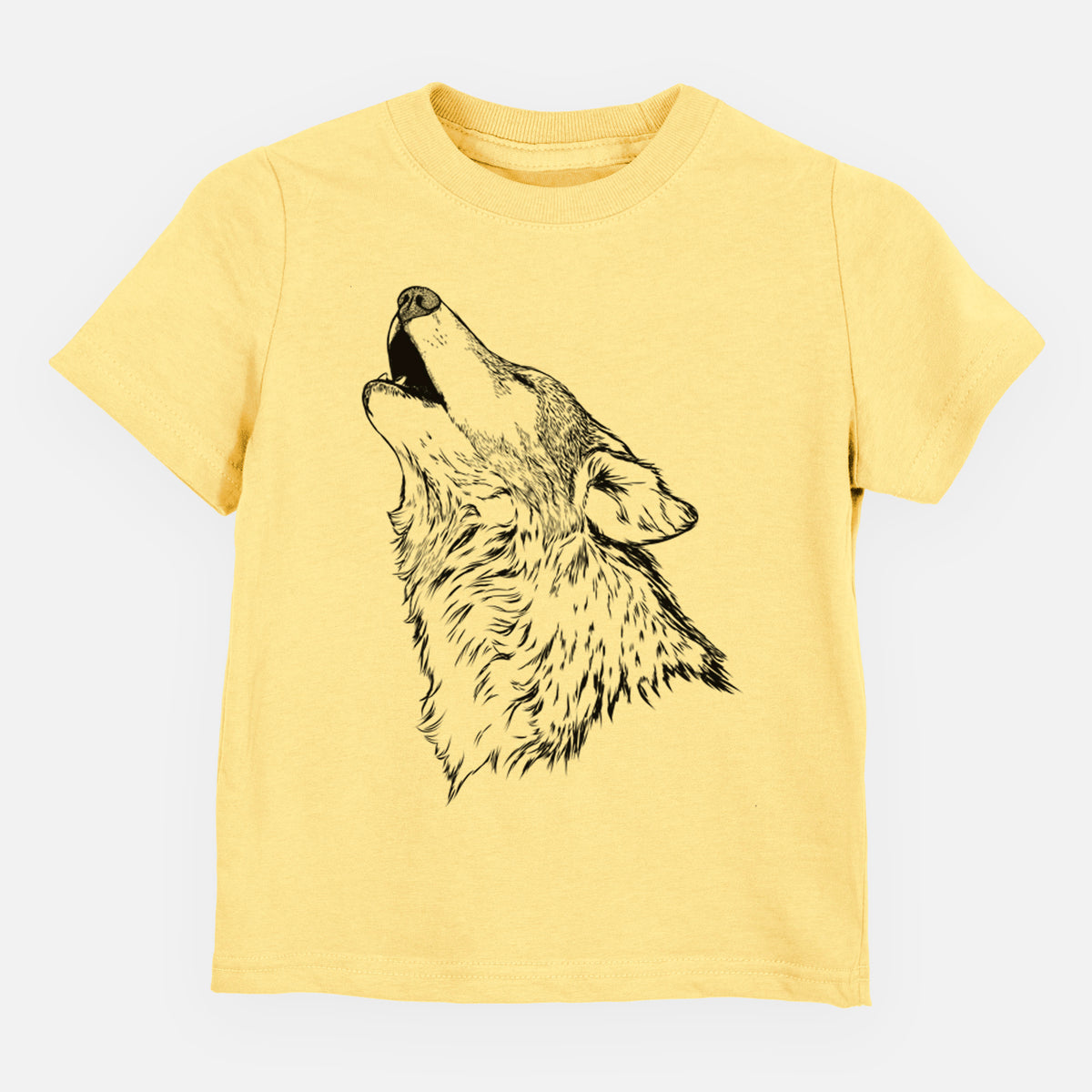 Butter yellow toddler t-shirt laid flat, printed with a detailed black ink illustration of a grey wolf's head and shoulders, howling upward.