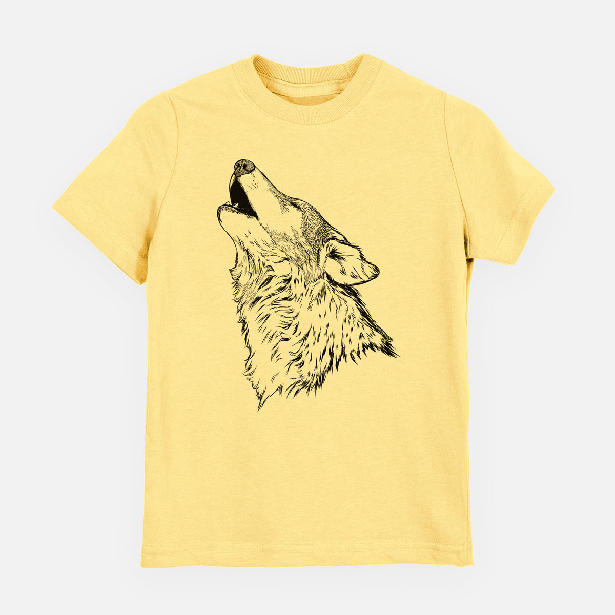 Butter yellow youth t-shirt laid flat, printed with a detailed black ink illustration of a grey wolf's head and shoulders, howling upward.