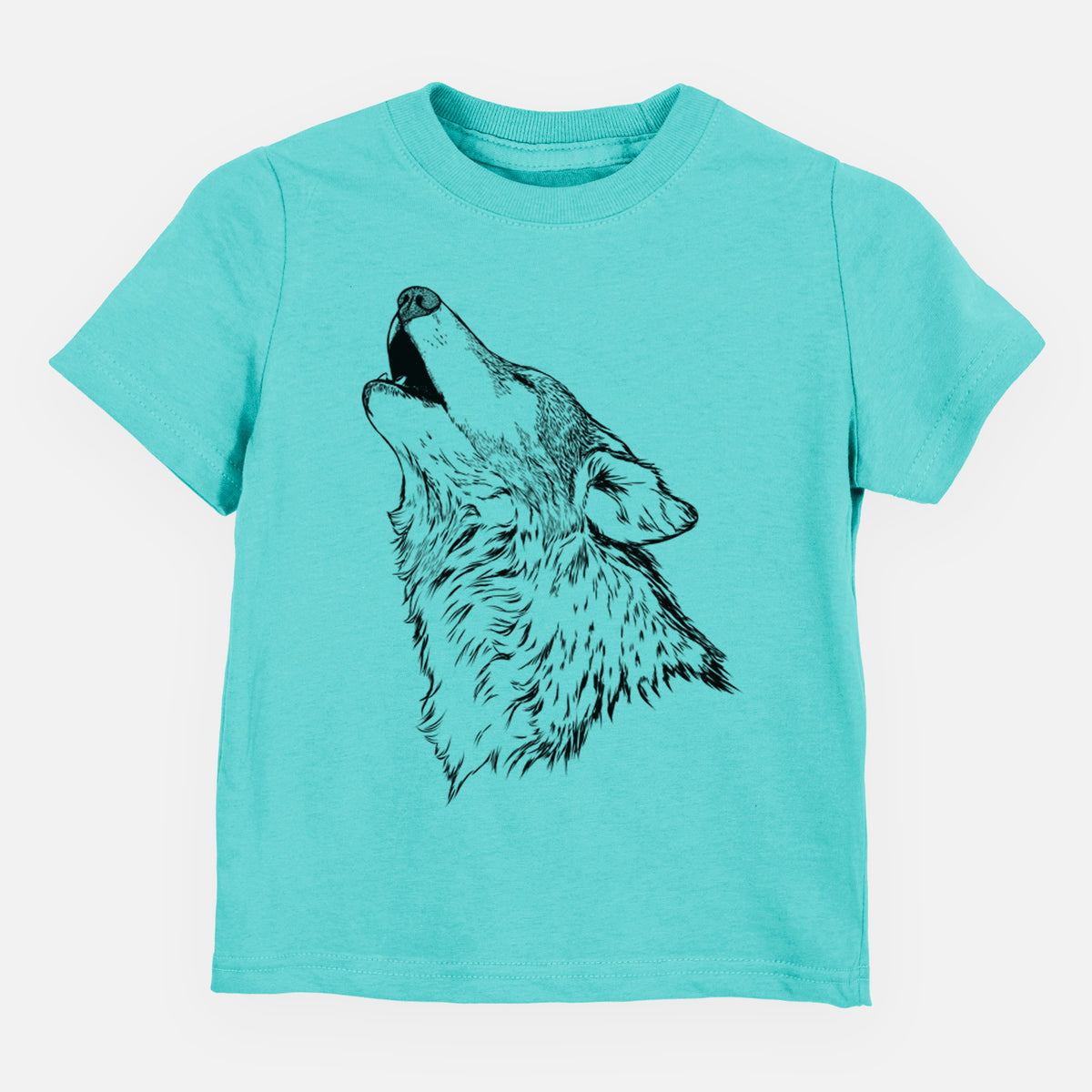 Caribbean blue toddler t-shirt laid flat, printed with a detailed black ink illustration of a grey wolf's head and shoulders, howling upward.