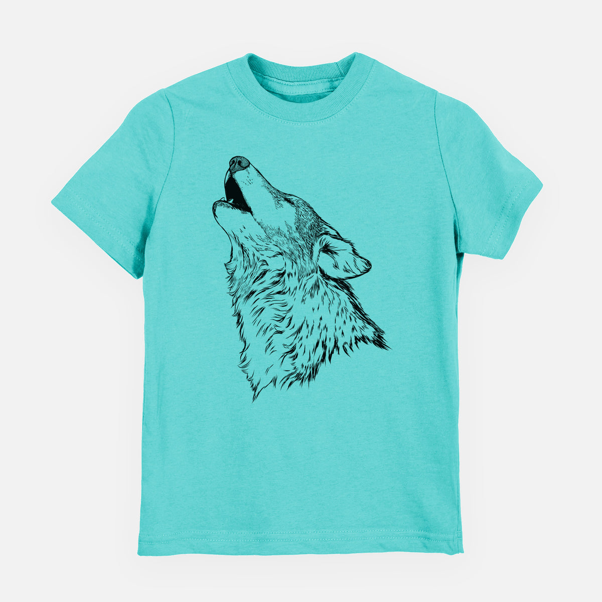Caribbean blue youth t-shirt laid flat, printed with a detailed black ink illustration of a grey wolf's head and shoulders, howling upward.