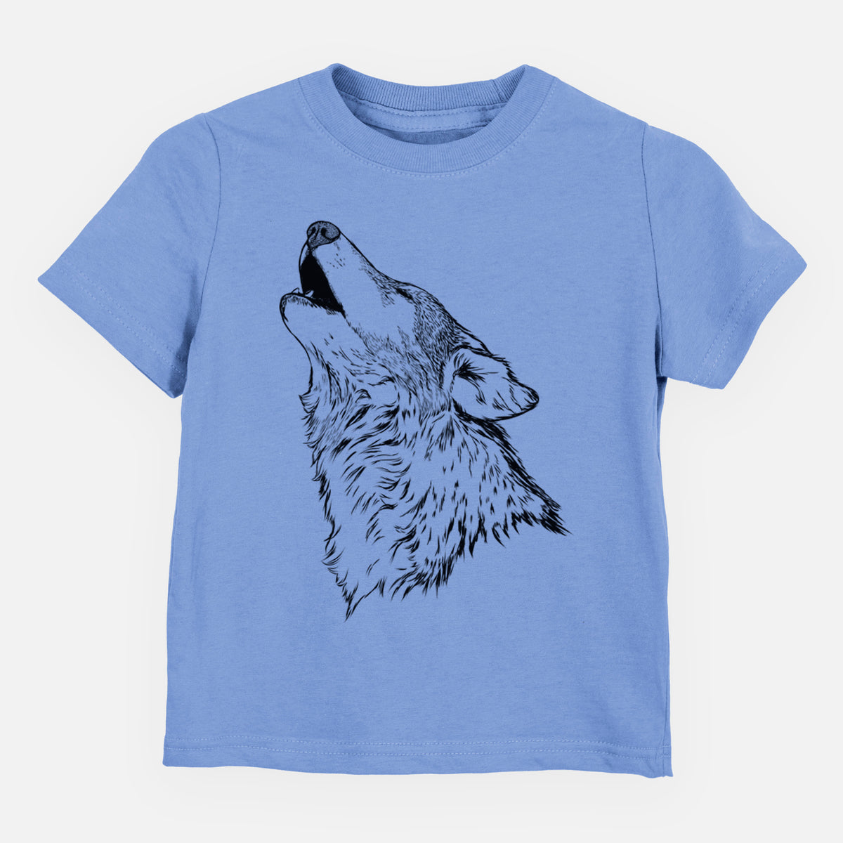 Carolina blue toddler t-shirt laid flat, printed with a detailed black ink illustration of a grey wolf's head and shoulders, howling upward.