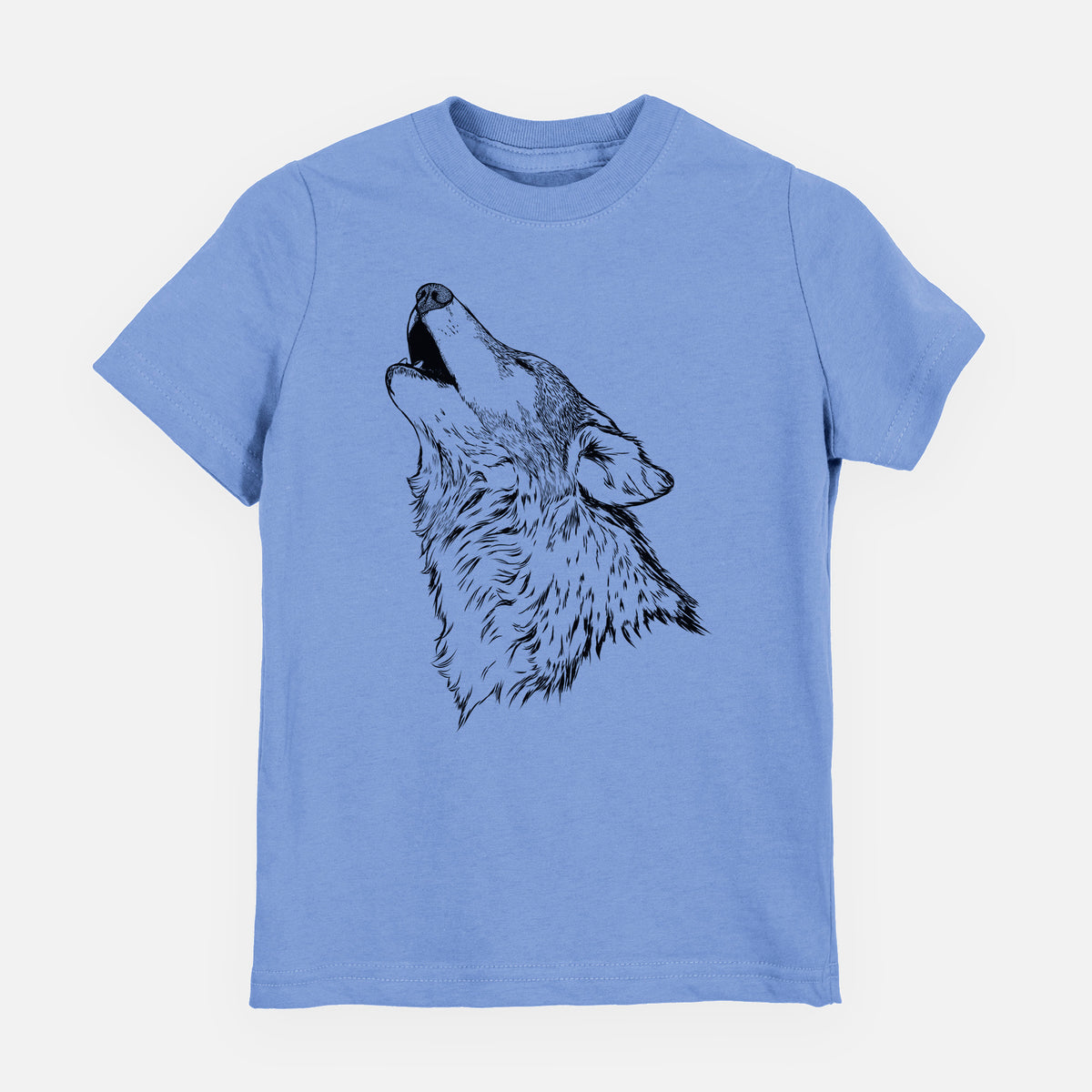 Carolina blue youth t-shirt laid flat, printed with a detailed black ink illustration of a grey wolf's head and shoulders, howling upward.