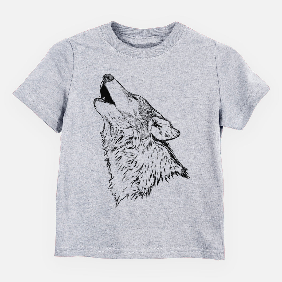 Heather grey toddler t-shirt laid flat, printed with a detailed black ink illustration of a grey wolf's head and shoulders, howling upward.
