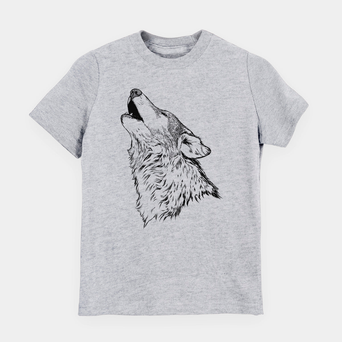 Heather grey youth t-shirt laid flat, printed with a detailed black ink illustration of a grey wolf's head and shoulders, howling upward.