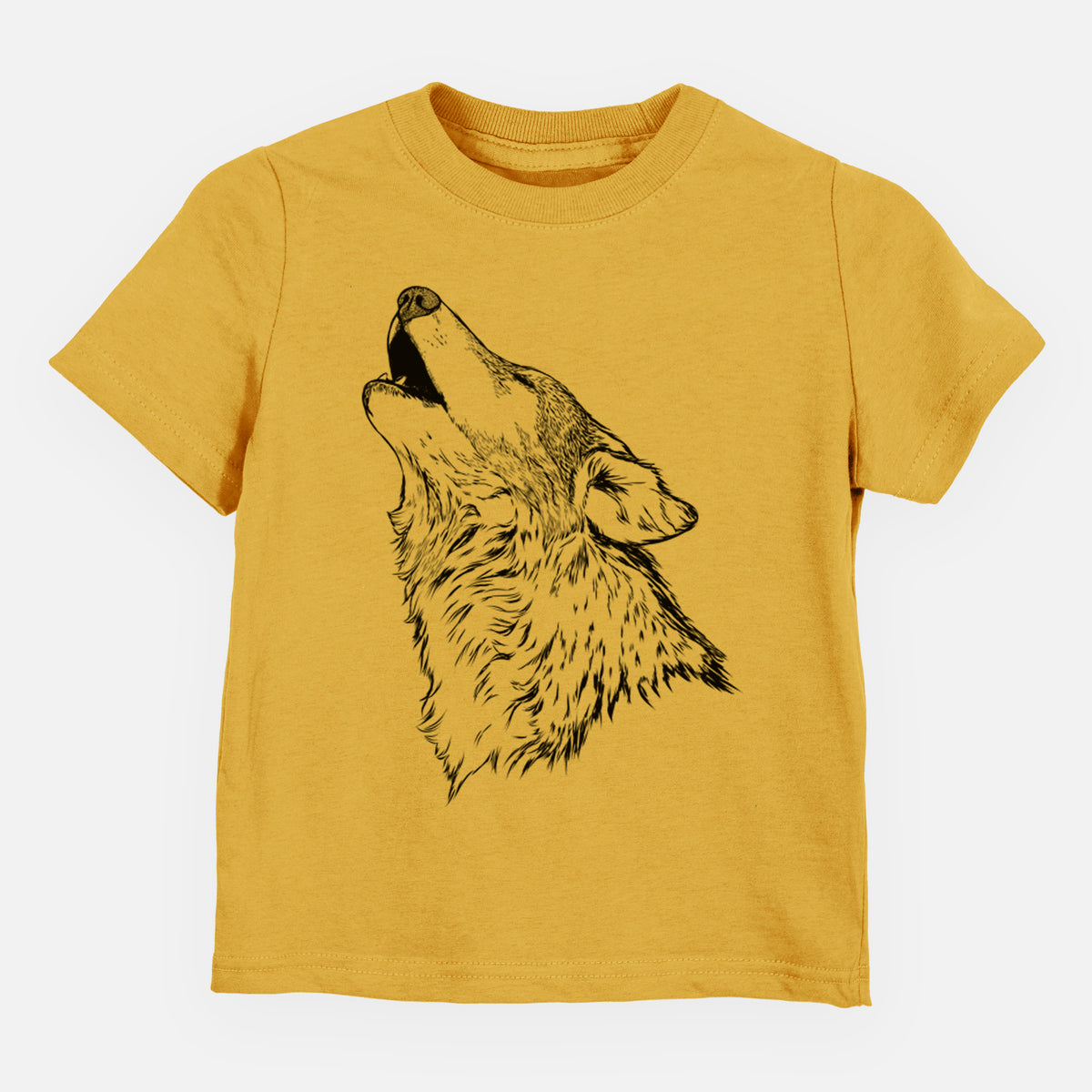 Honeycomb yellow toddler t-shirt laid flat, printed with a detailed black ink illustration of a grey wolf's head and shoulders, howling upward.