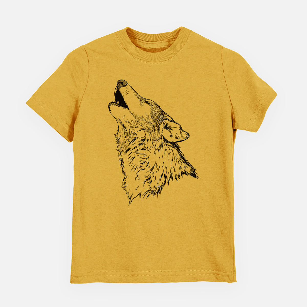 Honeycomb yellow youth t-shirt laid flat, printed with a detailed black ink illustration of a grey wolf's head and shoulders, howling upward.