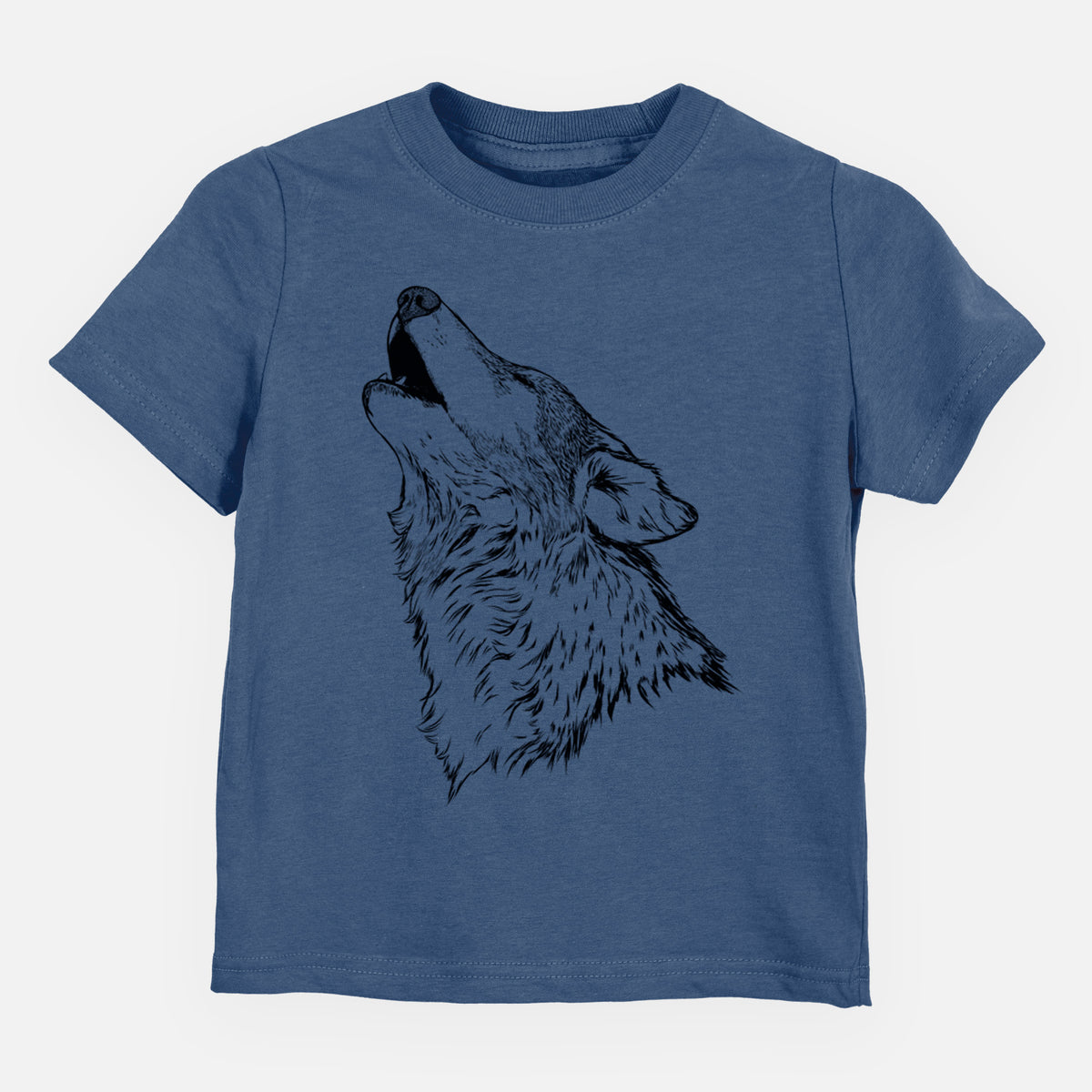 Indigo blue toddler t-shirt laid flat, printed with a detailed black ink illustration of a grey wolf's head and shoulders, howling upward.