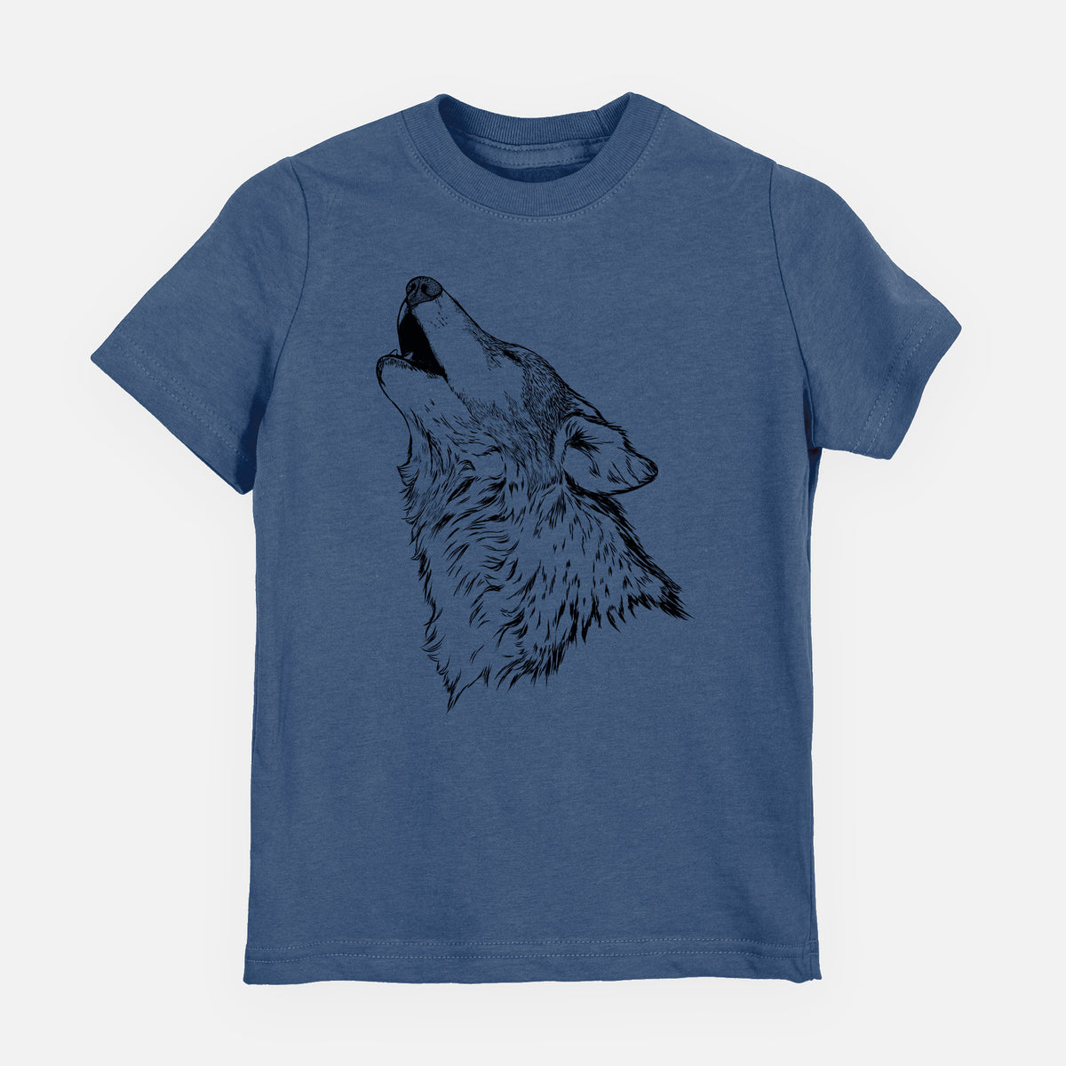 Indigo blue youth t-shirt laid flat, printed with a detailed black ink illustration of a grey wolf's head and shoulders, howling upward.