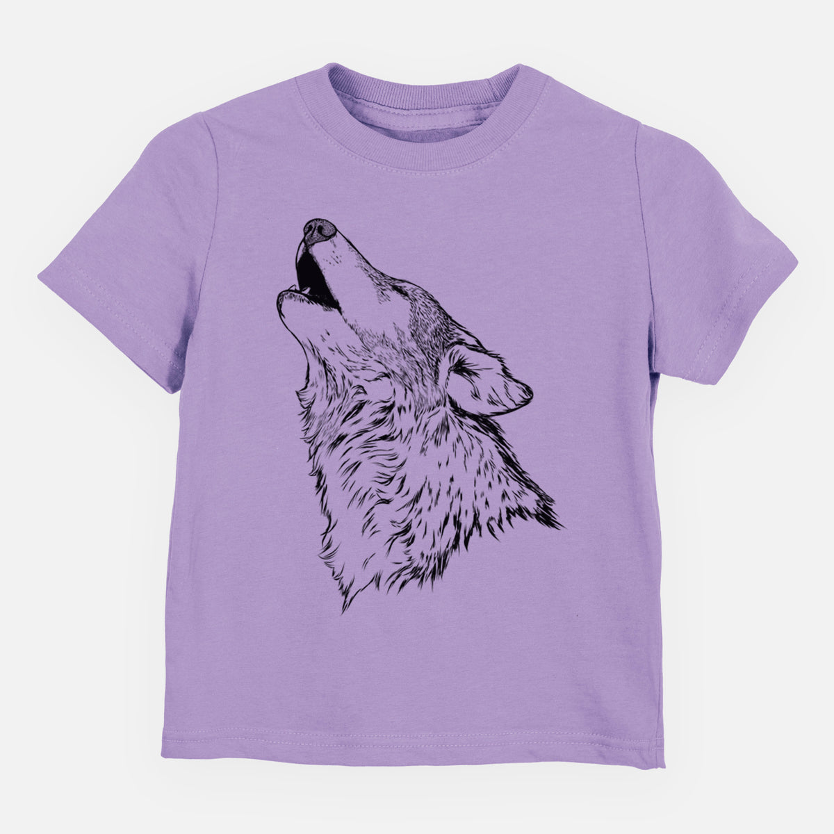Lavender toddler t-shirt laid flat, printed with a detailed black ink illustration of a grey wolf's head and shoulders, howling upward.