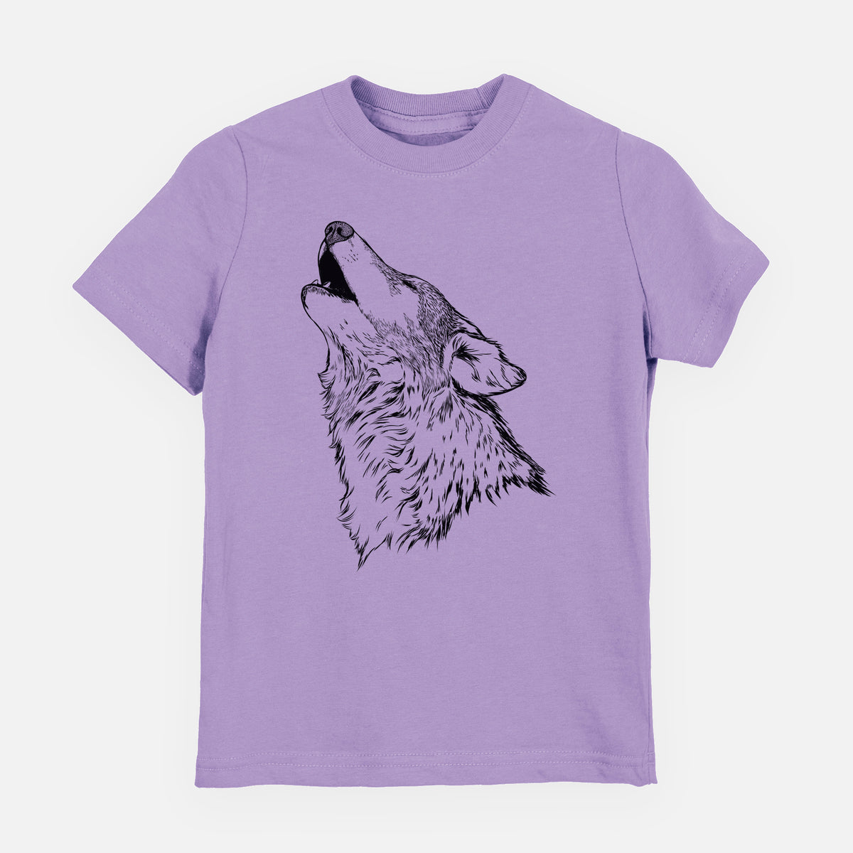 Lavender youth t-shirt laid flat, printed with a detailed black ink illustration of a grey wolf's head and shoulders, howling upward.