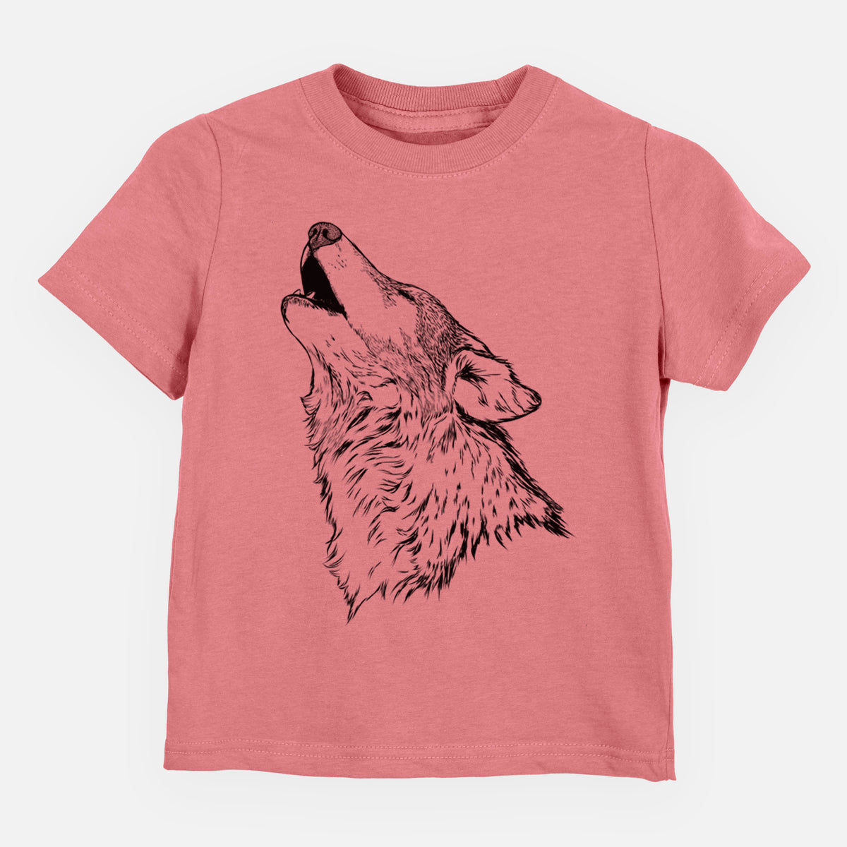 Mauve pink toddler t-shirt laid flat, printed with a detailed black ink illustration of a grey wolf's head and shoulders, howling upward.