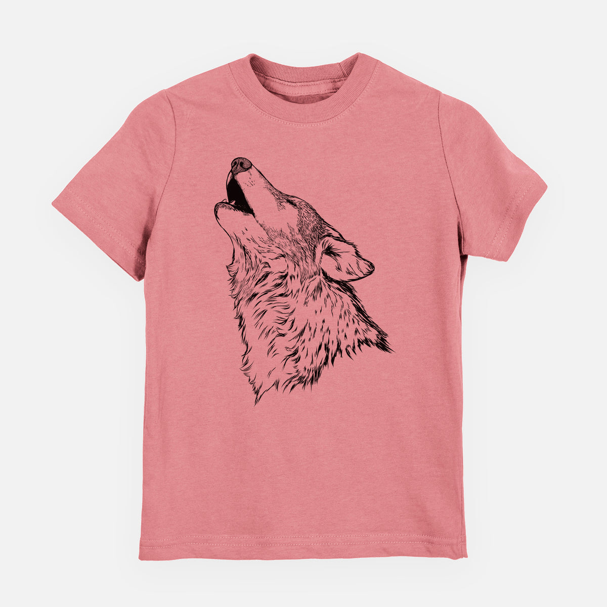 Mauve pink youth t-shirt laid flat, printed with a detailed black ink illustration of a grey wolf's head and shoulders, howling upward.