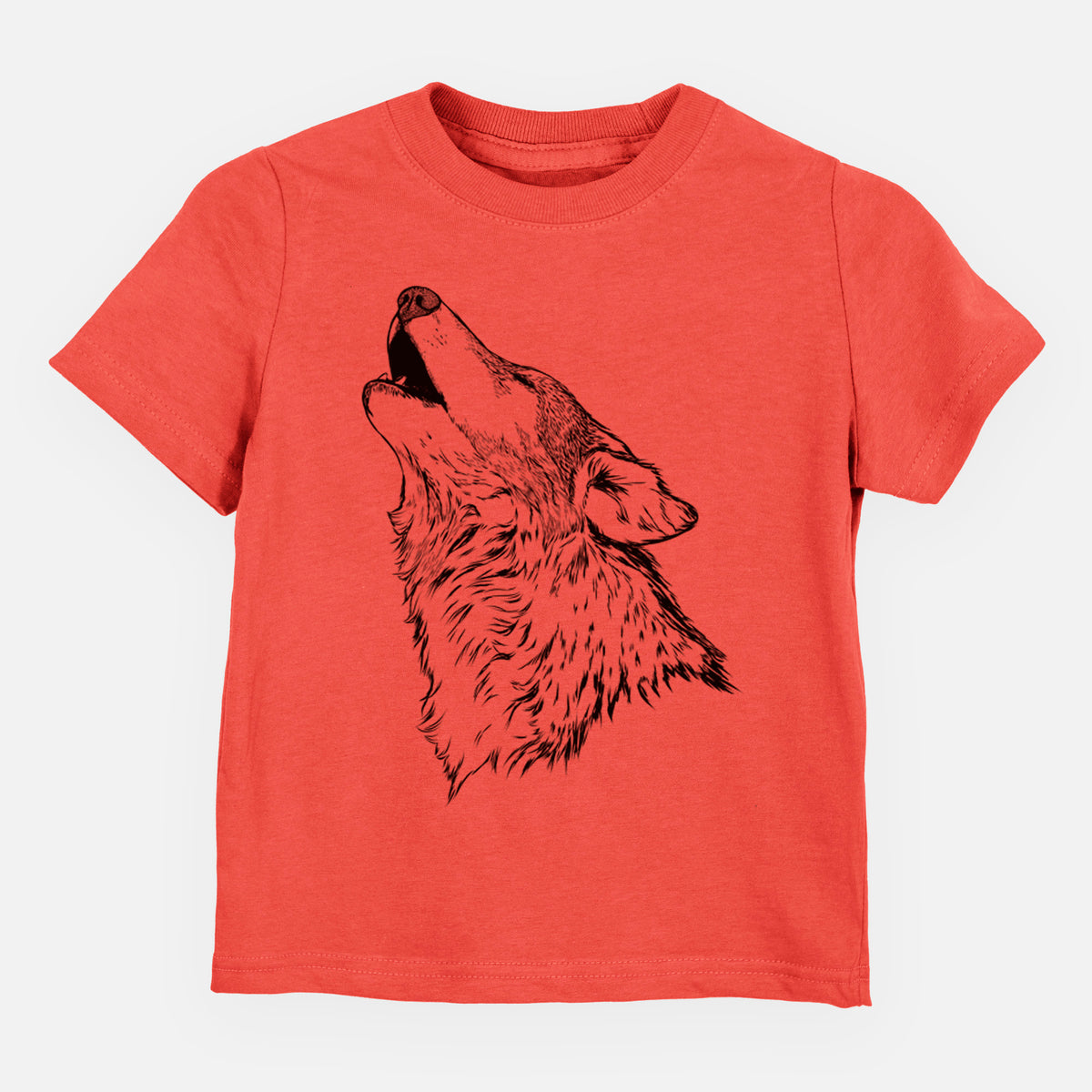 Passionfruit pink toddler t-shirt laid flat, printed with a detailed black ink illustration of a grey wolf's head and shoulders, howling upward.
