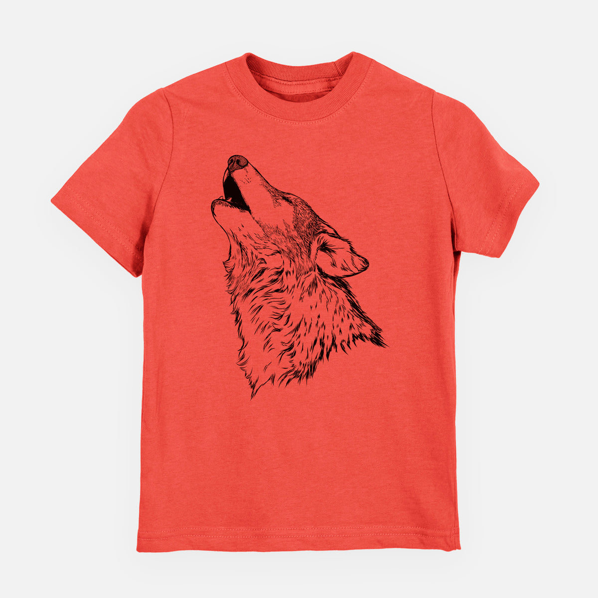 Passionfruit pink youth t-shirt laid flat, printed with a detailed black ink illustration of a grey wolf's head and shoulders, howling upward.