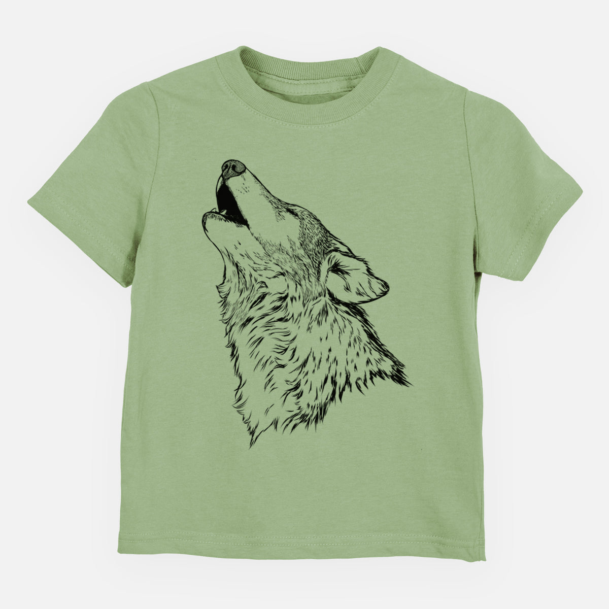 Sage green toddler t-shirt laid flat, printed with a detailed black ink illustration of a grey wolf's head and shoulders, howling upward.