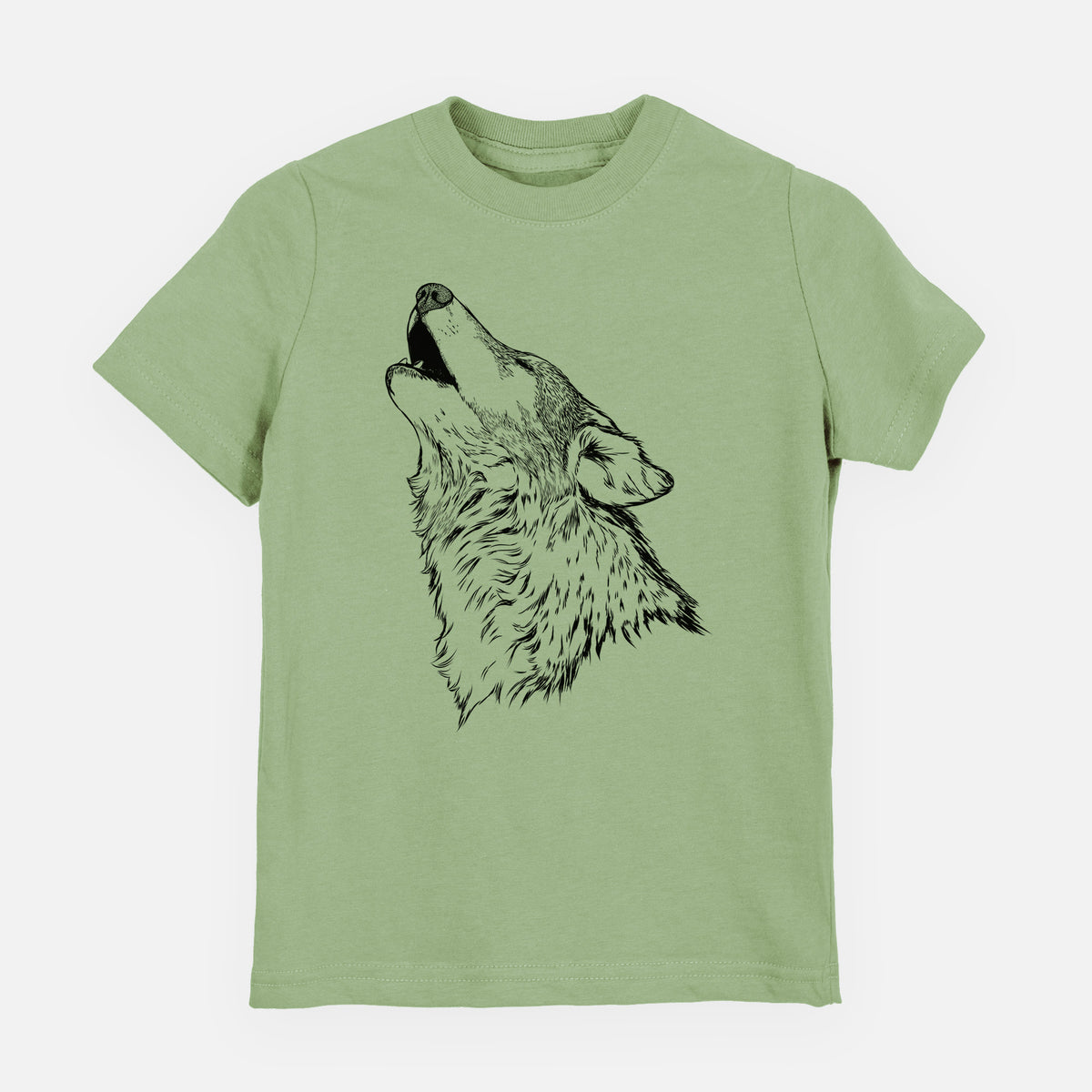 Sage green youth t-shirt laid flat, printed with a detailed black ink illustration of a grey wolf's head and shoulders, howling upward.