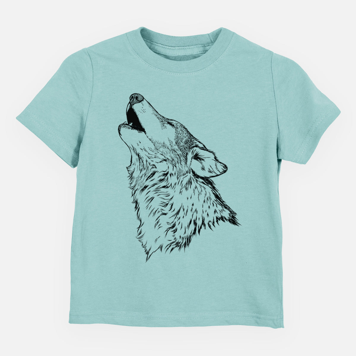Saltwater toddler t-shirt laid flat, printed with a detailed black ink illustration of a grey wolf's head and shoulders, howling upward.