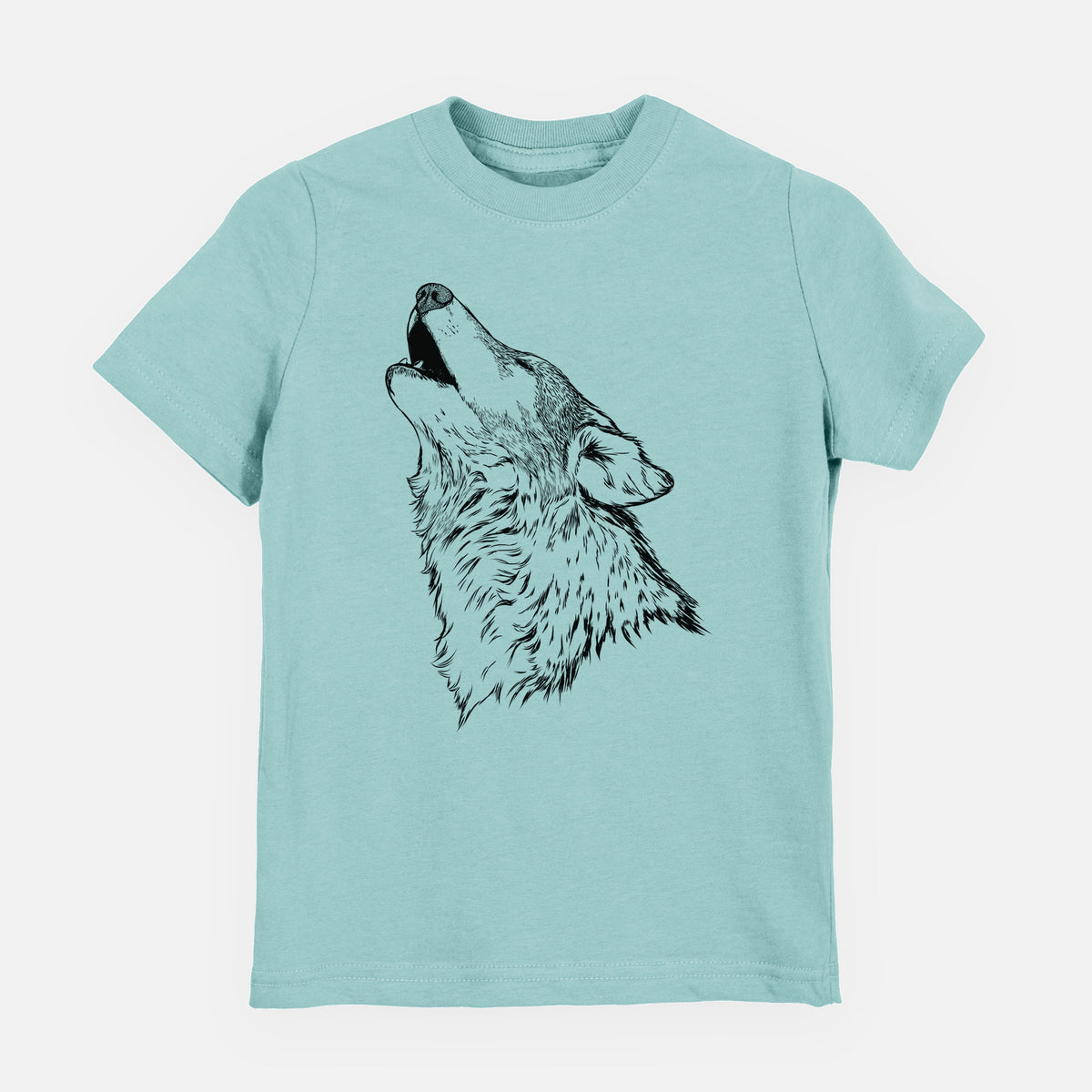 Saltwater youth t-shirt laid flat, printed with a detailed black ink illustration of a grey wolf's head and shoulders, howling upward.