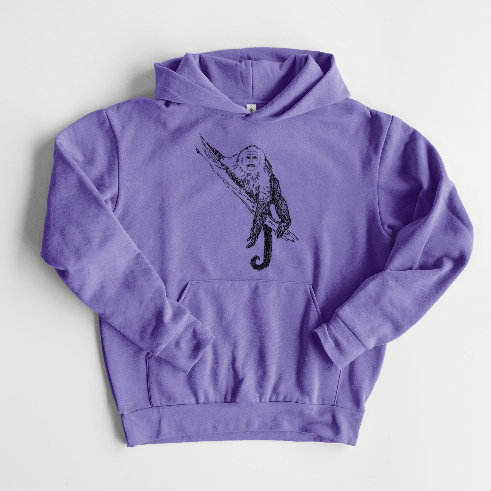 Capuchin Monkey - Cebus imitator - Statement Midweight Hoodie in Violet, laid flat, showing the oversized boxy fit and front kangaroo pocket.