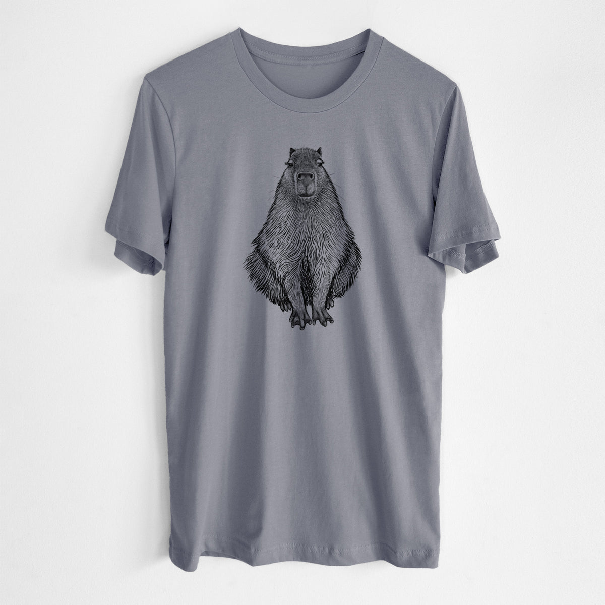 Storm grey lightweight cotton t-shirt laid flat, printed with a detailed black ink illustration of a capybara sitting and facing forward.