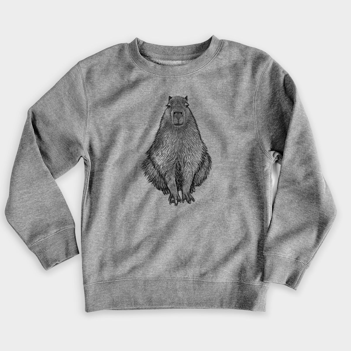 Nickel grey youth crewneck sweatshirt laid flat, printed with a detailed black ink illustration of a capybara sitting and facing forward.
