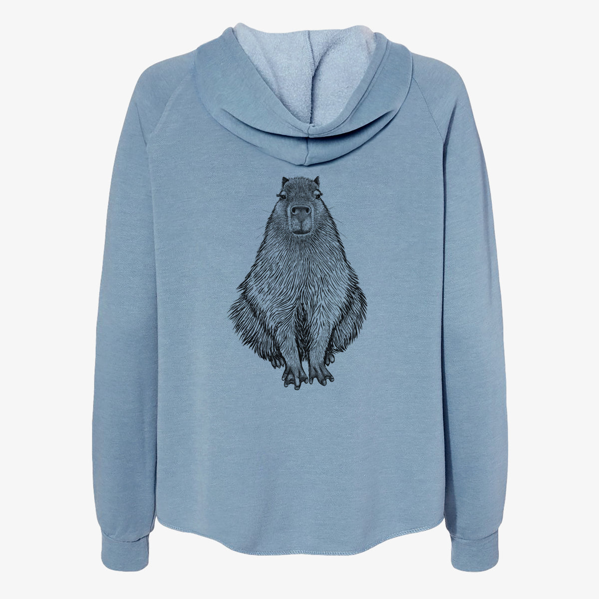 Misty blue women's Cali Wave zip-up sweatshirt laid flat, printed with a detailed black ink illustration of a capybara sitting and facing forward.