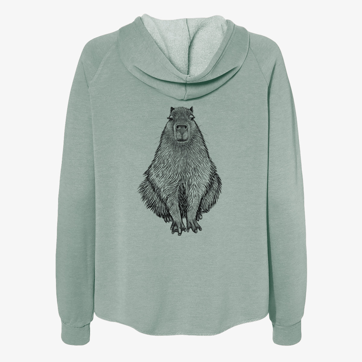 Sage green women's Cali Wave zip-up sweatshirt laid flat, printed with a detailed black ink illustration of a capybara sitting and facing forward.