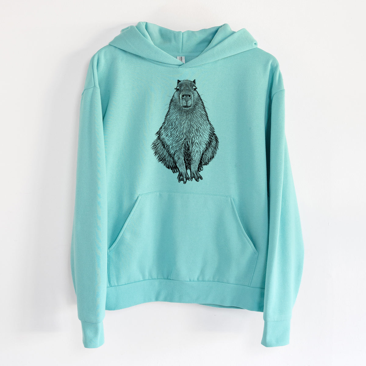 Capybara - Hydrochoerus hydrochaeris - Statement Midweight Hoodie in Seafoam, hanging on a white wall, with a front kangaroo pocket and no drawcords.