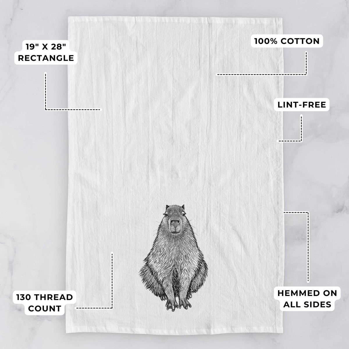 White tea towel printed with a detailed black ink illustration of a capybara sitting and facing forward, with feature labels: 19 by 28 inch rectangle, 100% cotton, lint-free, 130 thread count, hemmed on all sides.
