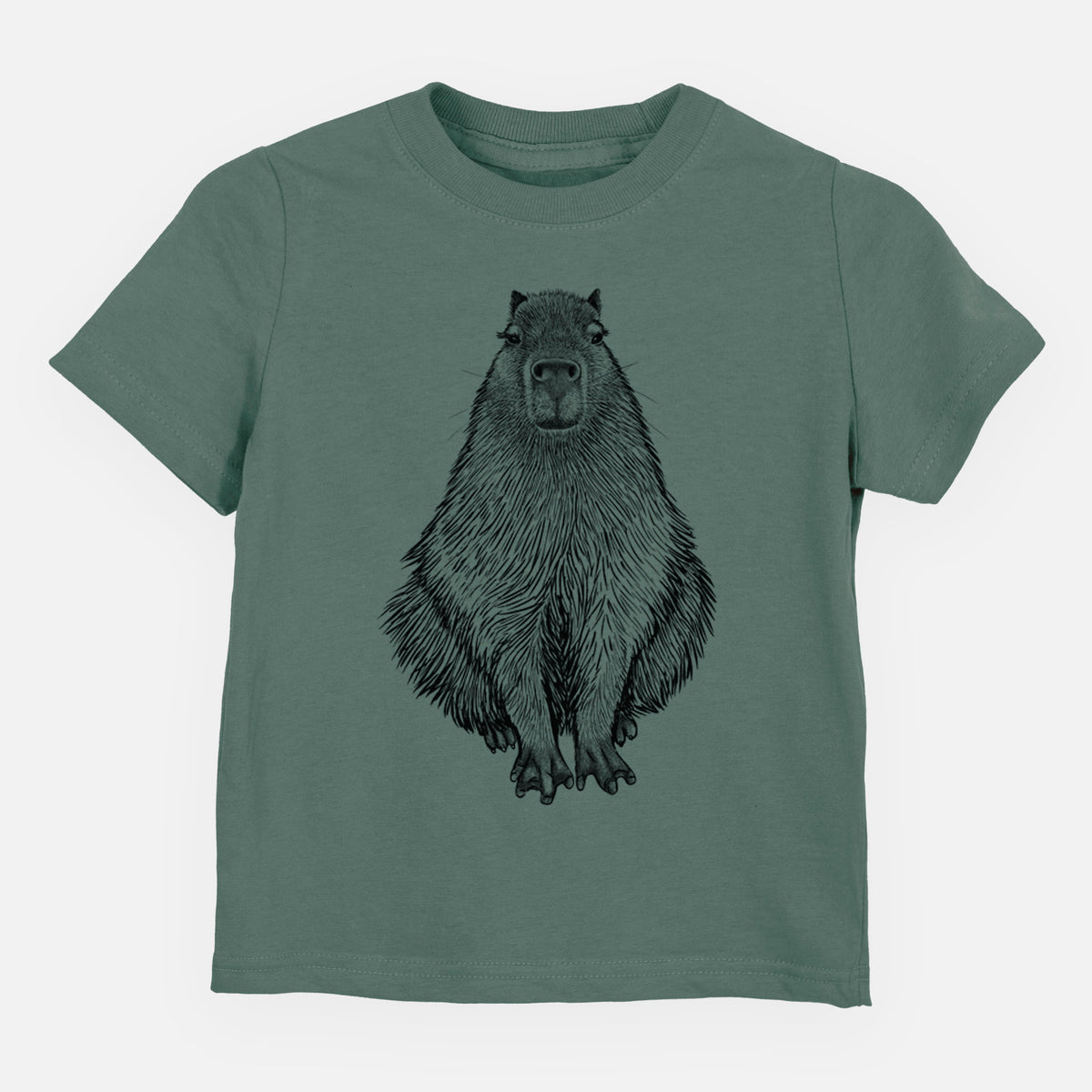 Basil green toddler t-shirt laid flat, printed with a detailed black ink illustration of a capybara sitting and facing forward.