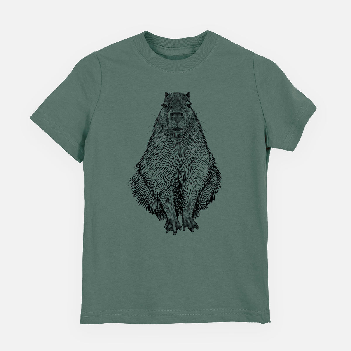Basil green youth t-shirt laid flat, printed with a detailed black ink illustration of a capybara sitting and facing forward.
