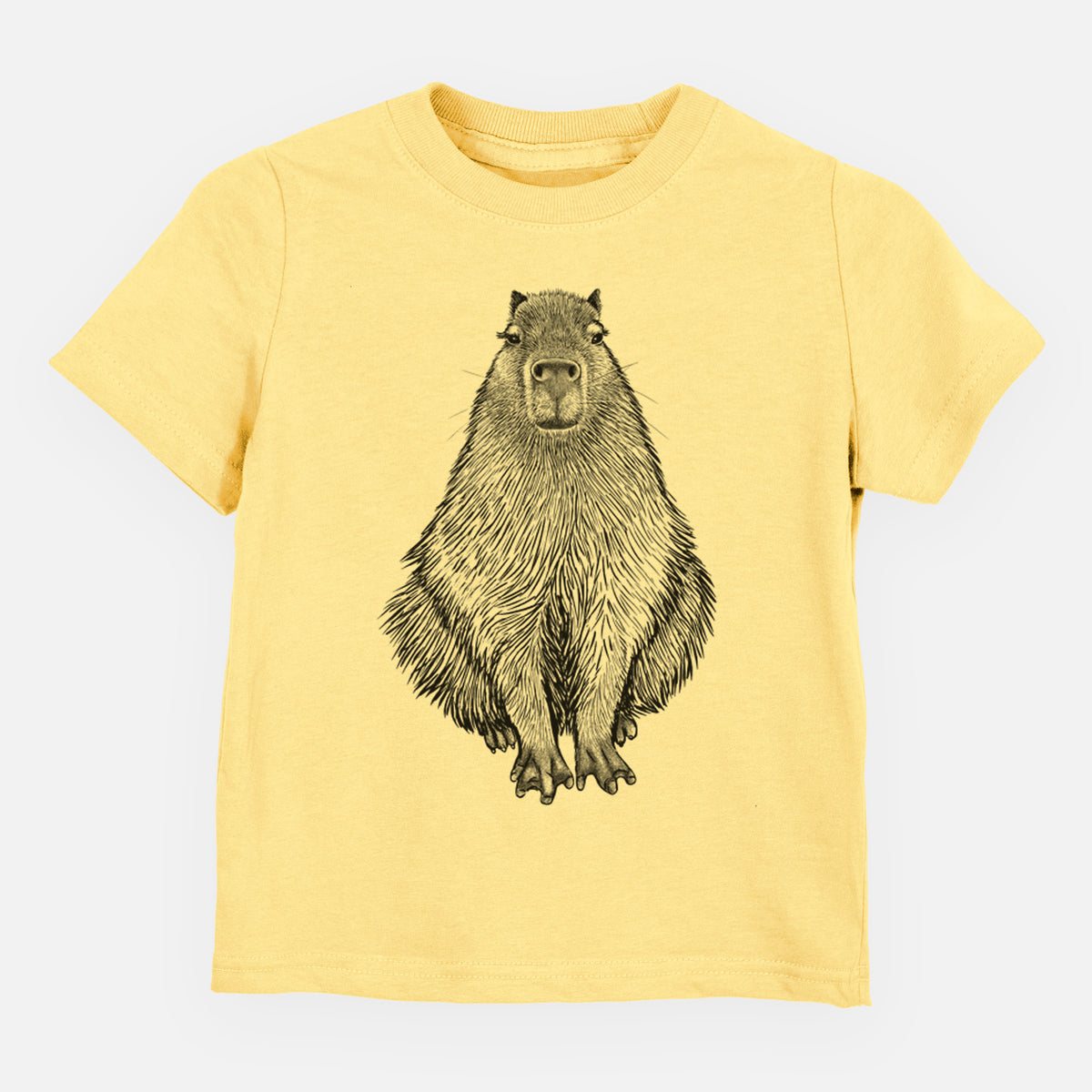 Butter yellow toddler t-shirt laid flat, printed with a detailed black ink illustration of a capybara sitting and facing forward.