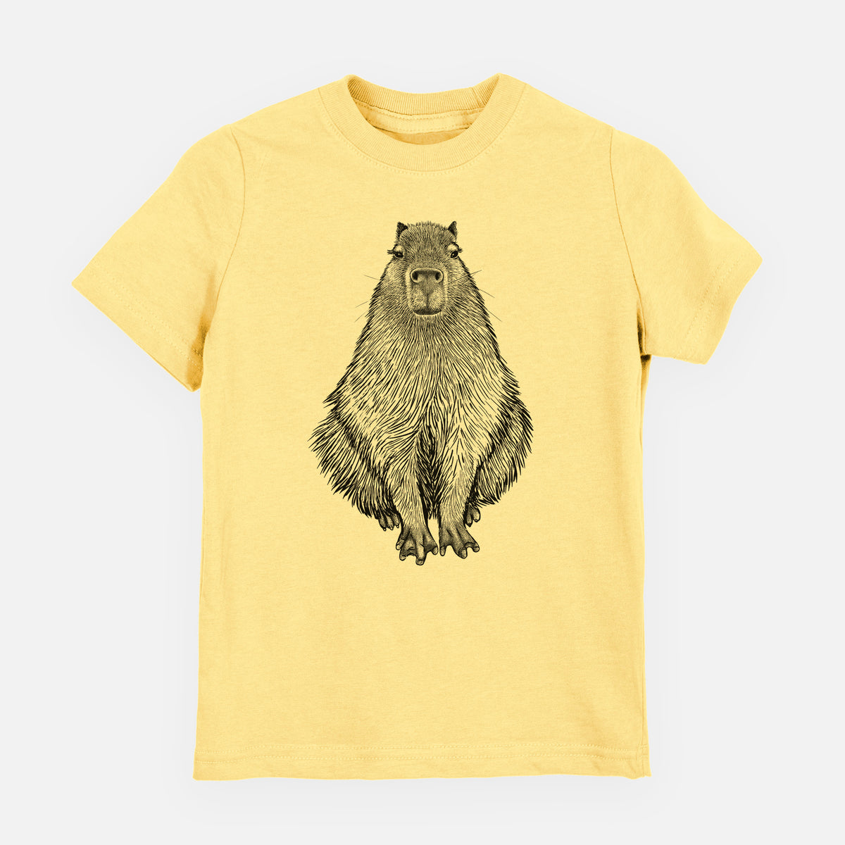 Butter yellow youth t-shirt laid flat, printed with a detailed black ink illustration of a capybara sitting and facing forward.