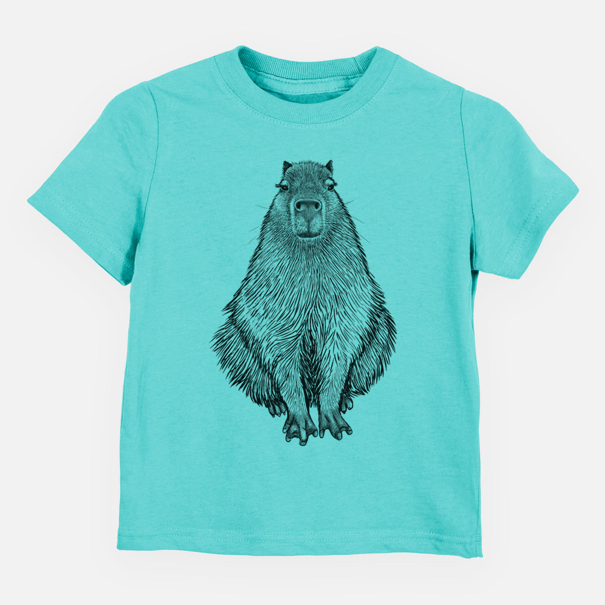 Caribbean blue toddler t-shirt laid flat, printed with a detailed black ink illustration of a capybara sitting and facing forward.