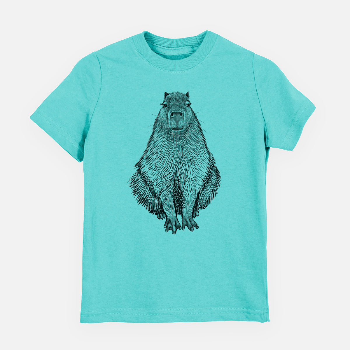 Caribbean blue youth t-shirt laid flat, printed with a detailed black ink illustration of a capybara sitting and facing forward.