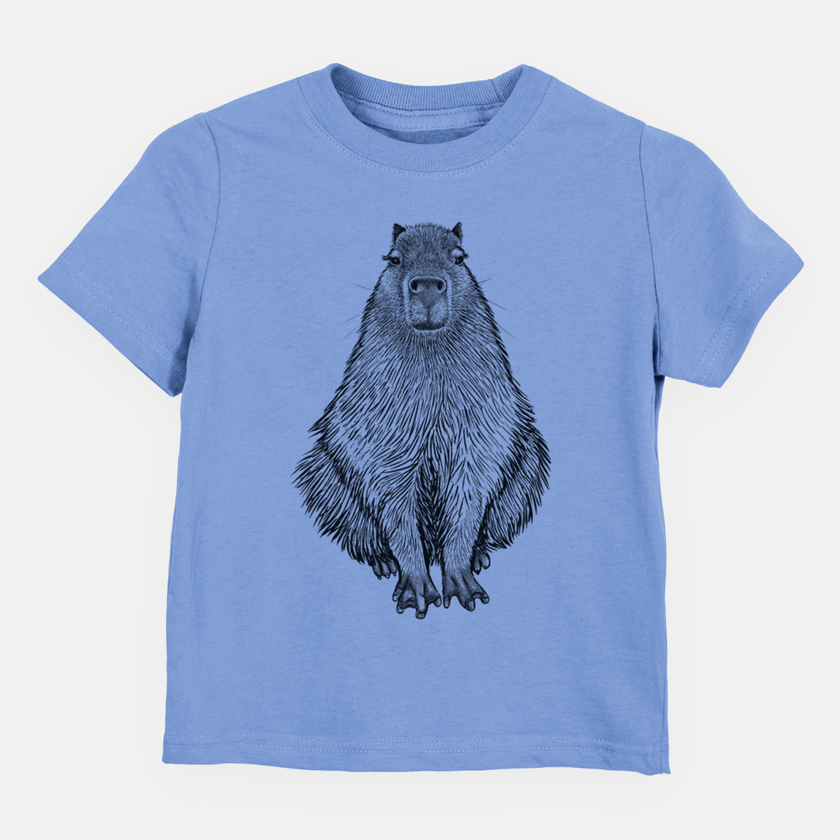 Carolina blue toddler t-shirt laid flat, printed with a detailed black ink illustration of a capybara sitting and facing forward.