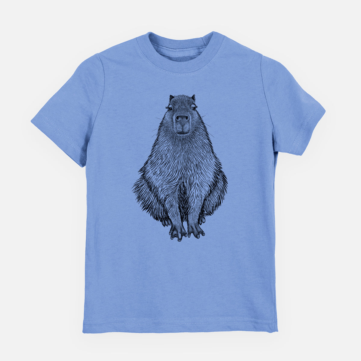 Carolina blue youth t-shirt laid flat, printed with a detailed black ink illustration of a capybara sitting and facing forward.