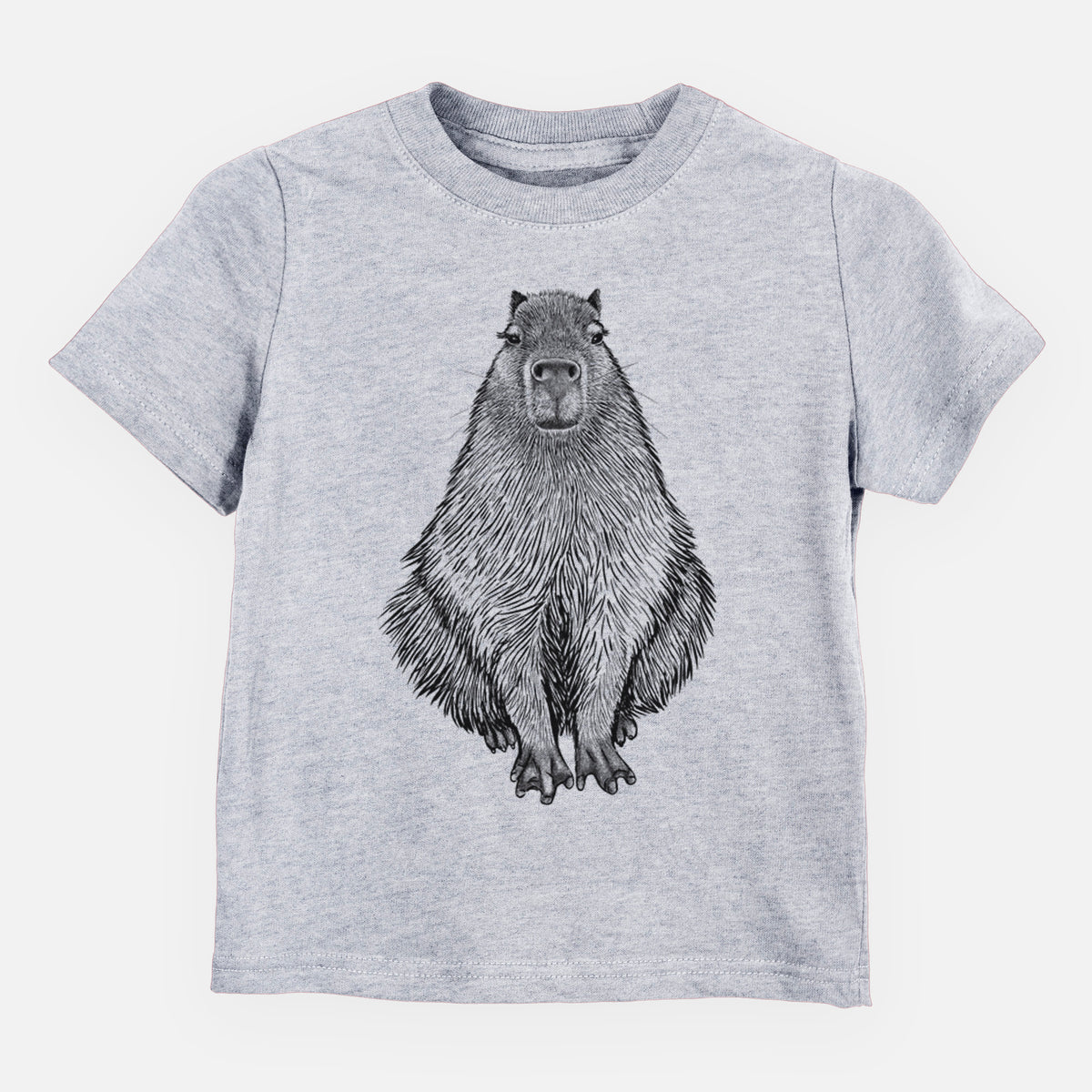 Heather grey toddler t-shirt laid flat, printed with a detailed black ink illustration of a capybara sitting and facing forward.